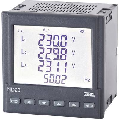 Wyświetlacz cyfrowy miernika Lumel ND20 z trzema wartościami napięcia (230,0 V, 239,8 V, 231,1 V) oraz wskazaniem częstotliwości 50,02 Hz.