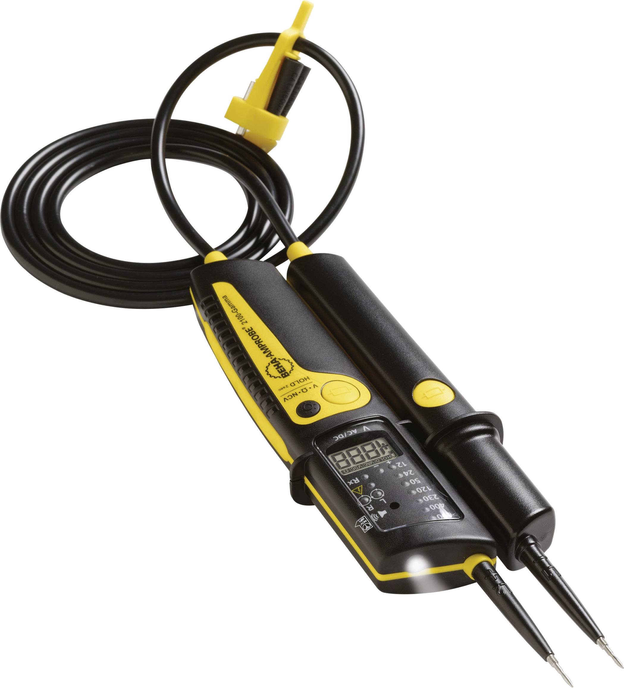 Cyfrowy tester napięcia z czarno-żółtą obudową, dwoma końcówkami pomiarowymi i wyświetlaczem cyfrowym do odczytu napięcia.