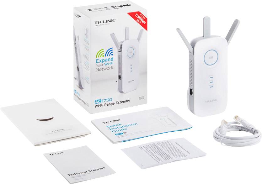 Repeater Wi-Fi firmy TP-Link z zasilaczem, instrukcją obsługi, dokumentem pomocy technicznej i kablem sieciowym. Opakowanie prezentuje zdjęcie produktu.