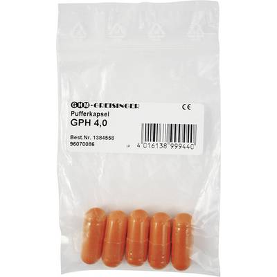 Pięć pomarańczowych tabletek buforowych w przezroczystym opakowaniu plastikowym z napisem 'Kapsuła buforowa GPH 4,0'.