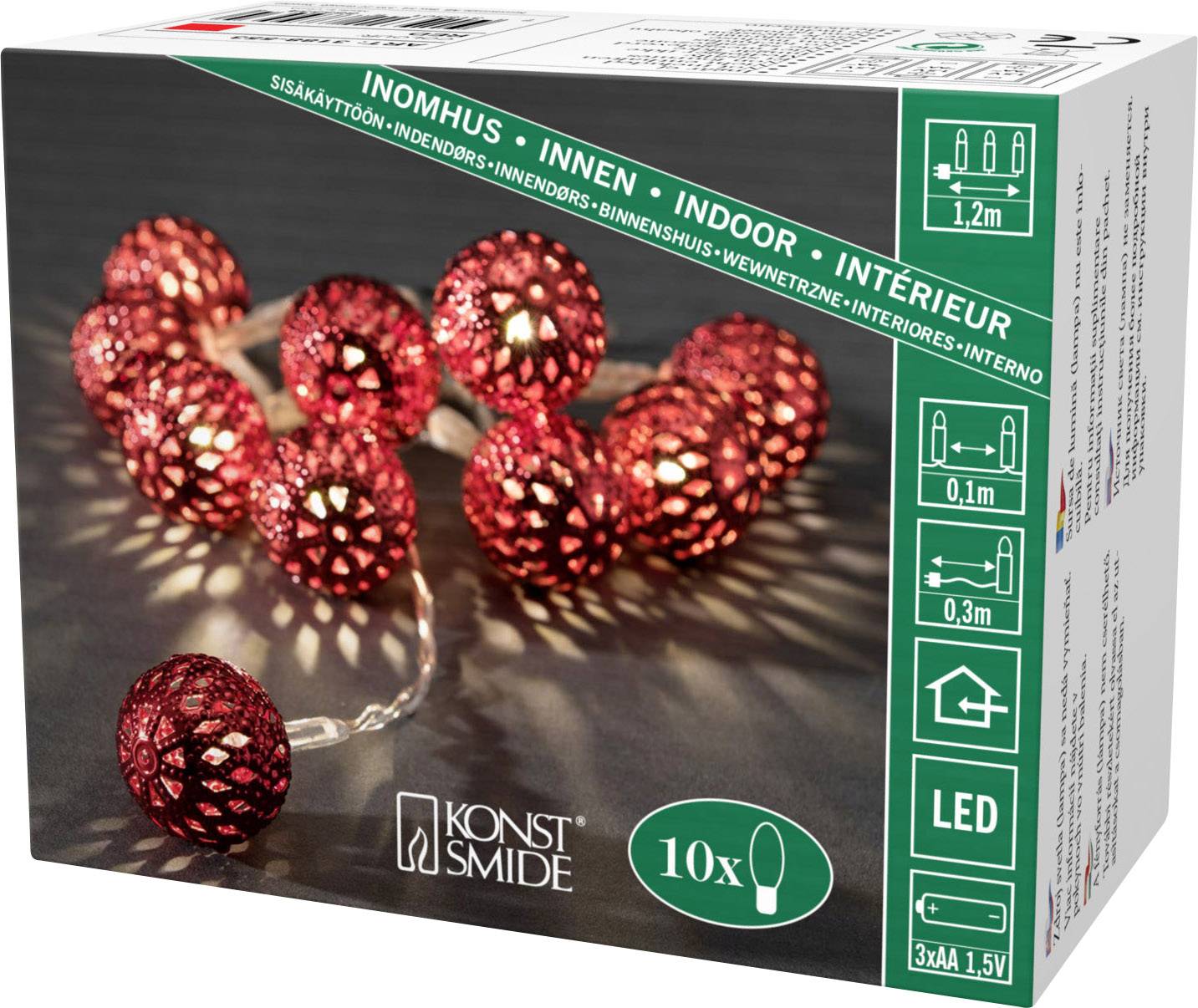 Łańcuch świetlny LED do wnętrz, czerwony, kulisty, 10 lampek, całkowita długość 1,2 m, zasilany bateryjnie, produkt firmy Konstsmide.
