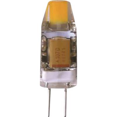 Mała cylindryczna lampa LED z dwoma pinami, która zwykle jest stosowana w oprawkach G4, przedstawia element świecący i przełączający.