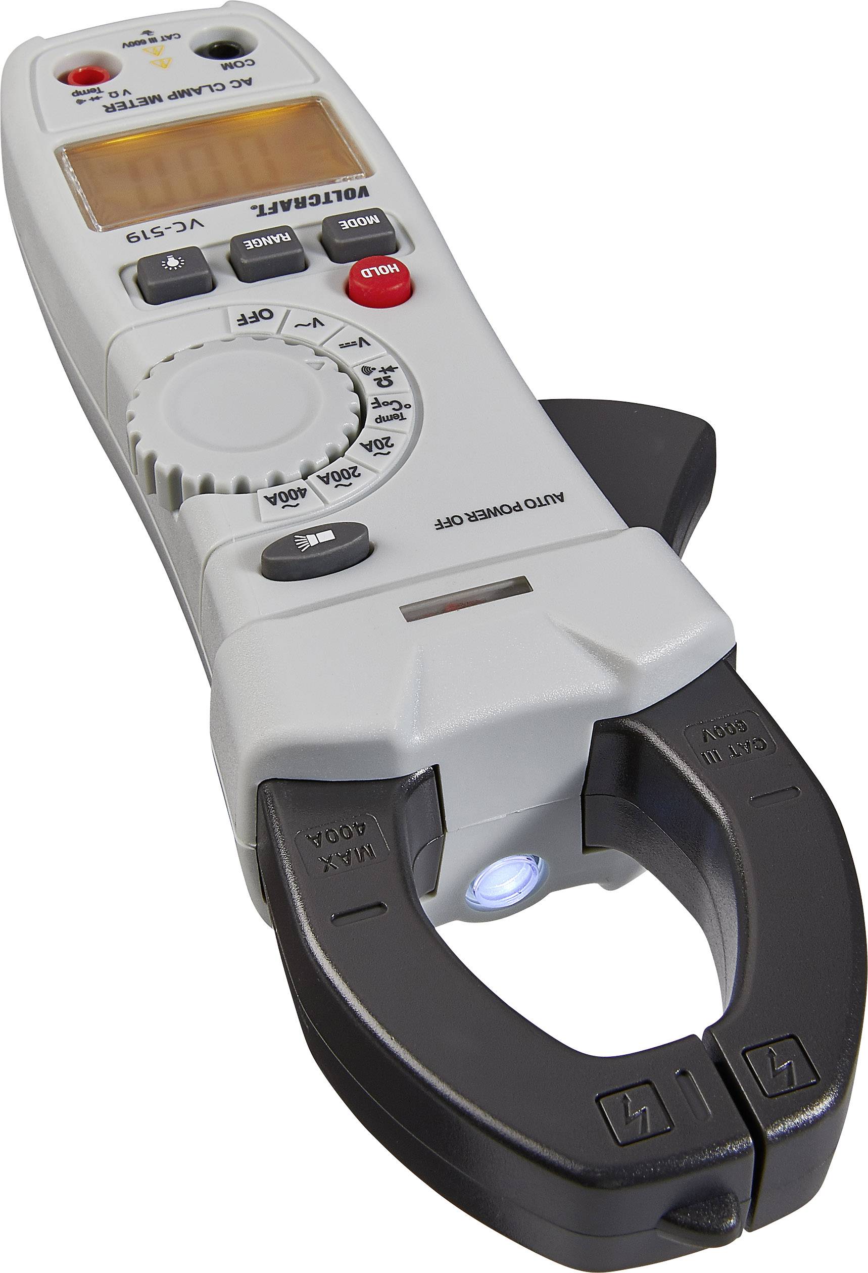 Cyfrowy multimetr cęgowy w kolorze szarym, wyposażony w pokrętło i wyświetlacz LED, do pomiaru prądu i napięcia.