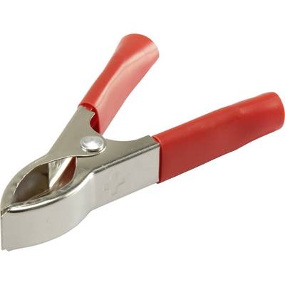 Srebrna metalowa klamra z czerwonymi uchwytami leży na białym tle. Jest często używana do przytrzymywania różnych przedmiotów.