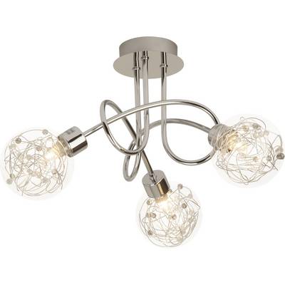 Metalowa lampa sufitowa z trzema świecącymi żarówkami, z artystycznie skręconymi przewodami wewnątrz, o nowoczesnym designie.