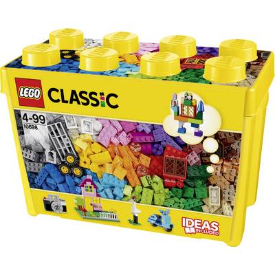 Żółte pudełko LEGO z napisem 'LEGO Classic', prezentujące kolorowe klocki i modele, takie jak robot i dom, przeznaczone dla osób w wieku od 4 do 99 lat.