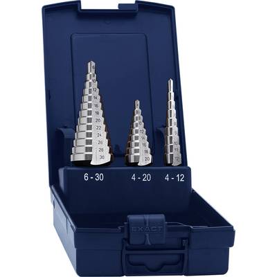 Zestaw wierteł otworowych w otwartym niebieskim pudełku z tworzywa sztucznego. Trzy wiertła otworowe w różnych rozmiarach: 6-30 mm, 4-20 mm, 4-12 mm.