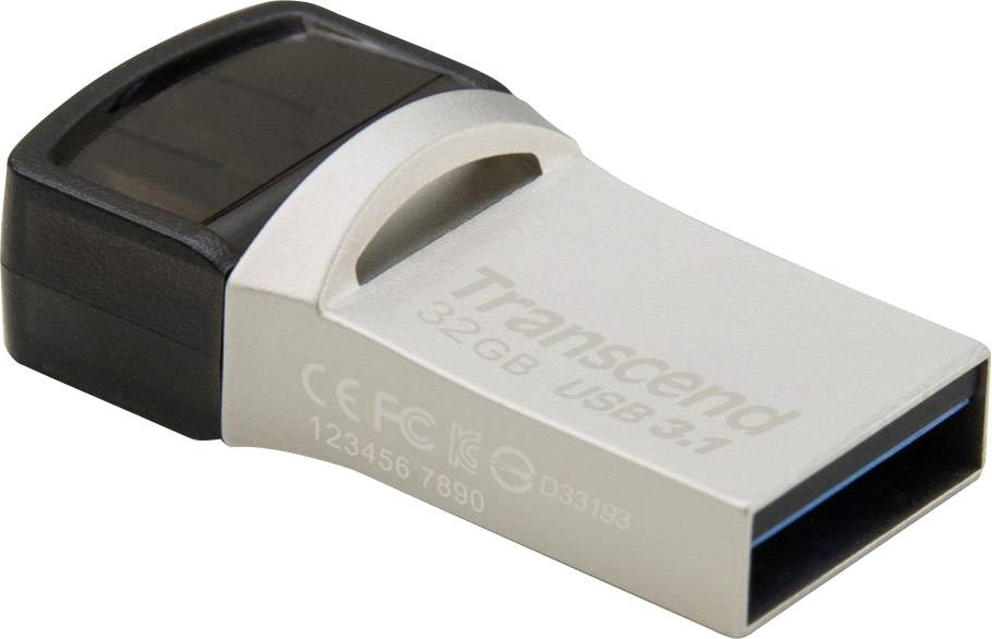 Pendrive Transcend o pojemności 32 GB. Jest srebrnego koloru z czarną nasadką i obsługuje standard USB 3.1.