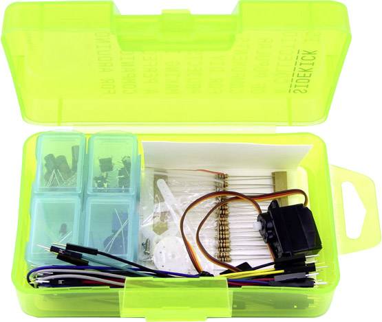 Otwarte zielone pudełko z tworzywa sztucznego z różnymi elementami elektronicznymi, w tym kablami, rezystorami, serwomechanizmem i posortowanymi małymi częściami.