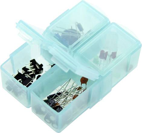 Przezroczyste niebieskie pudełko magazynowe z otwartymi przegrodami, zawierające różne komponenty elektroniczne, takie jak rezystory i diody.