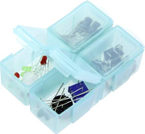 Przezroczyste pudełko z czterema przegródkami zawiera elementy elektroniczne, takie jak diody LED i diody.