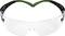 Przezroczyste okulary ochronne z czarnymi i zielonymi zausznikami, zapewniające ochronę oczu podczas pracy.