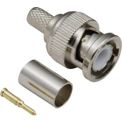 Wtyk BNC z metalową obudową i stykiem oraz cylindryczny element obok niego. Adapter do połączeń kabli koncentrycznych.