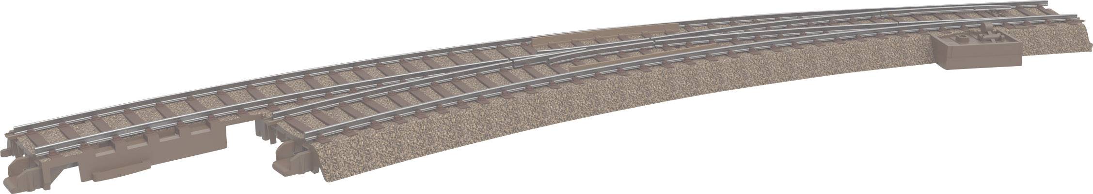 Zakrzywiony tor kolejowy na podłożu żwirowym, z dwoma równoległymi torami, przedstawiający odcinek o łagodnym zakręcie.