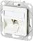 Biały złącze kabla sieciowego w metalowym uchwycie, nadającym się do montażu ściennego. Wyposażone w wtyczkę RJ45.
