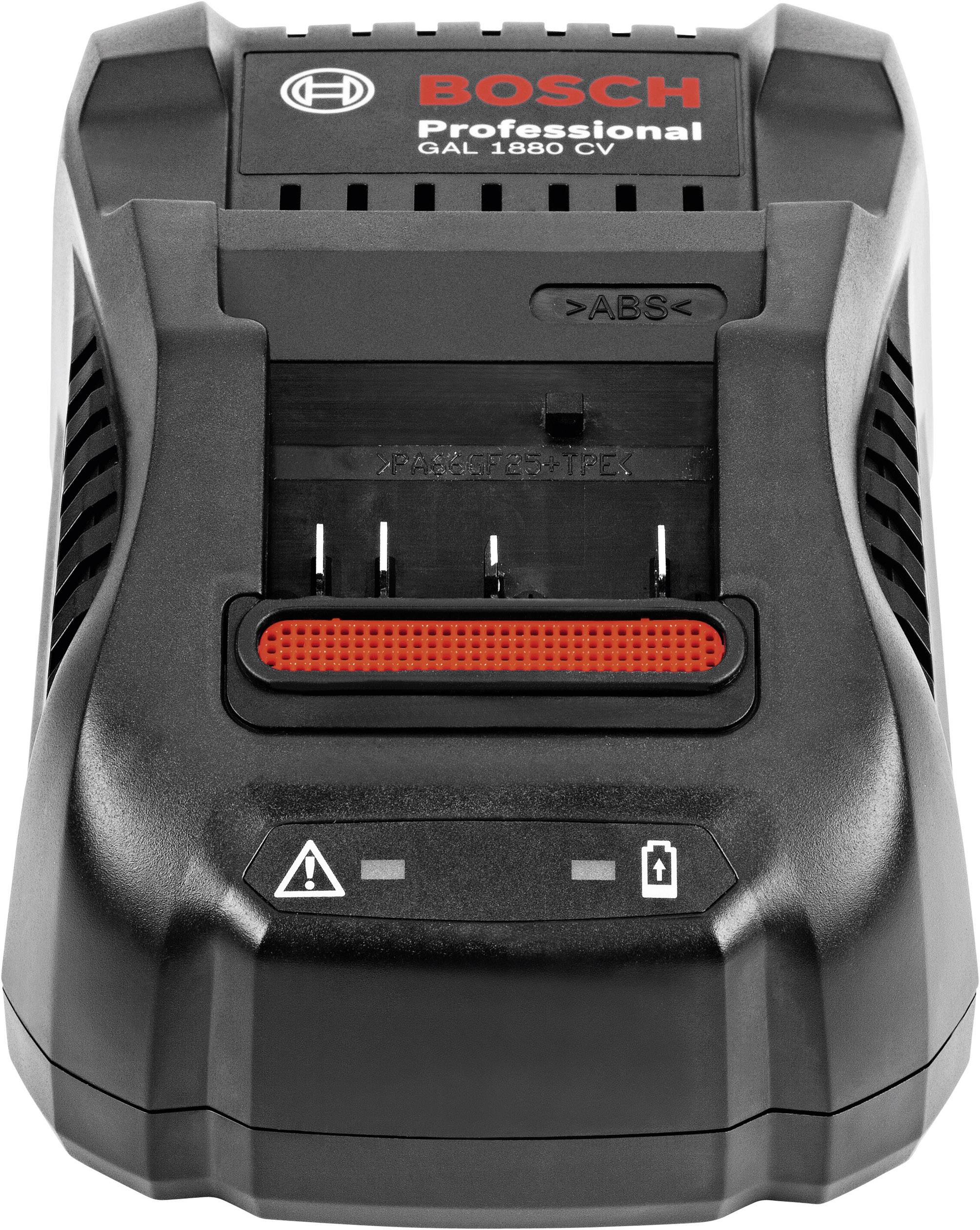 Czarna ładowarka Bosch z czerwonym logo Bosch na górze. Widoczne są wskaźniki świetlne i otwory wentylacyjne.
