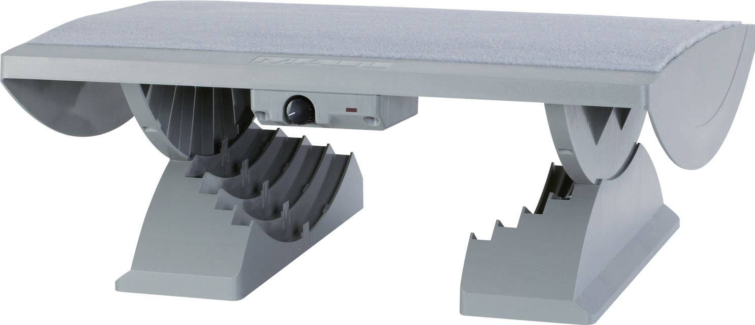 Szara podstawa urządzenia z dwoma stopniowanymi podporami i centralnym elementem łączącym.