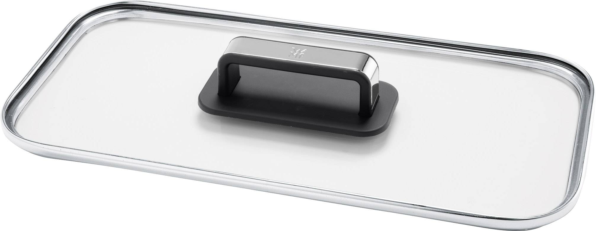 Prostokątna pokrywka szklana z czarnym uchwytem, odpowiednia do naczyń kuchennych.