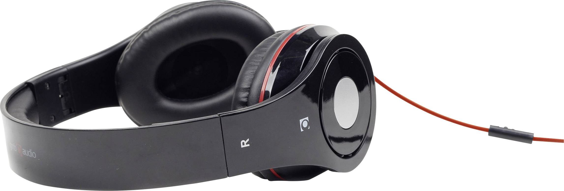 Czarne słuchawki nauszne z czerwonym przewodem, na jasnym tle.