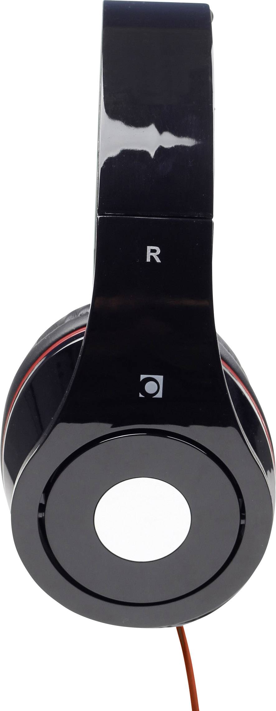 Czarne słuchawki z czerwonym przewodem, widziane z boku.