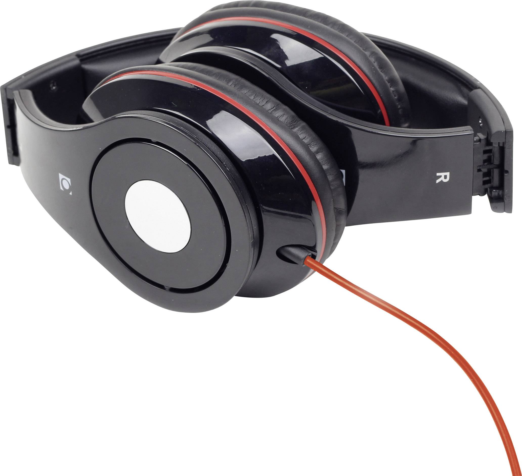 Czarne, składane słuchawki z czerwonymi akcentami i czerwonym przewodem, leżące na białej powierzchni.