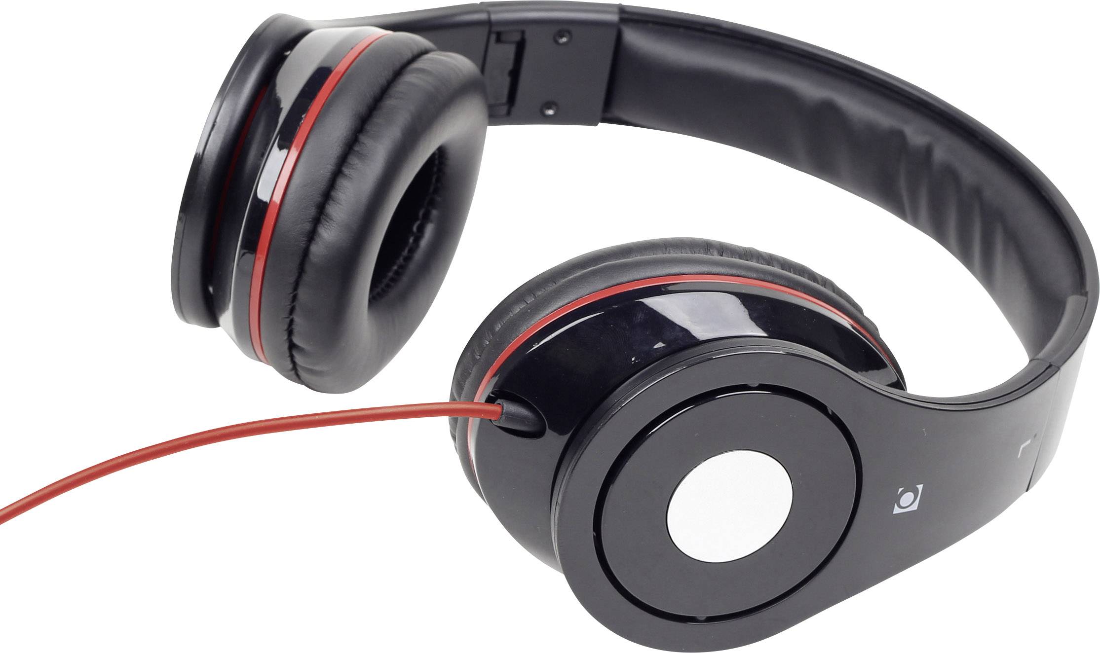 Czarne słuchawki z czerwonymi akcentami i przewodem, leżące na płaskiej powierzchni.