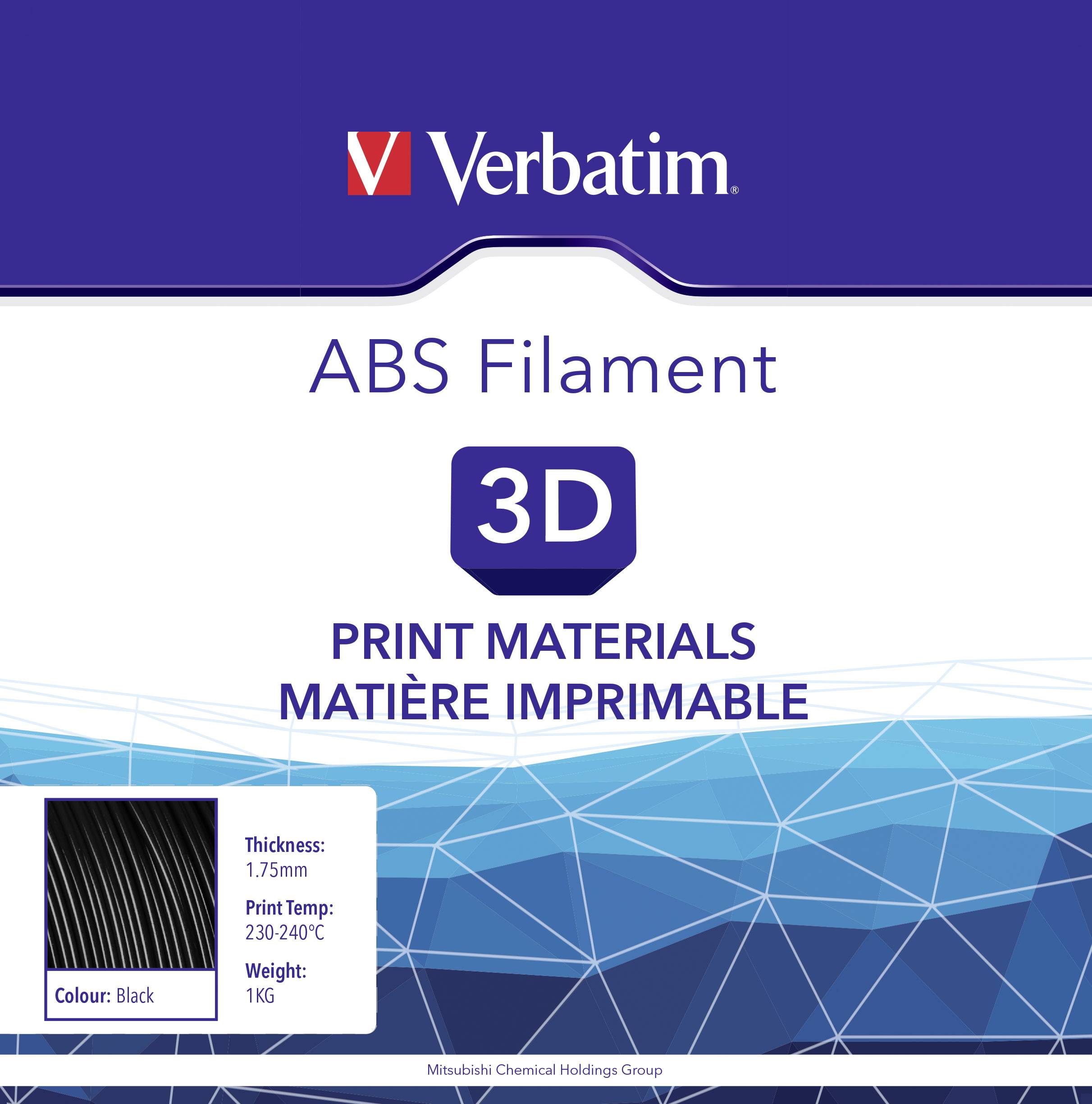 Filament ABS Verbatim do drukarki 3D, czarny, średnica 1,75 mm, temperatura druku 230-240°C, waga 1 kg.