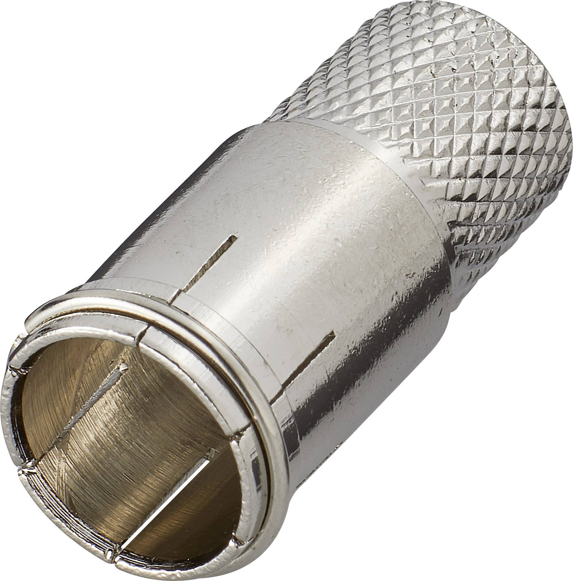 Srebrny adapter kabla koncentrycznego o fakturowanej powierzchni, służący do łączenia kabli antenowych w urządzeniach elektronicznych.
