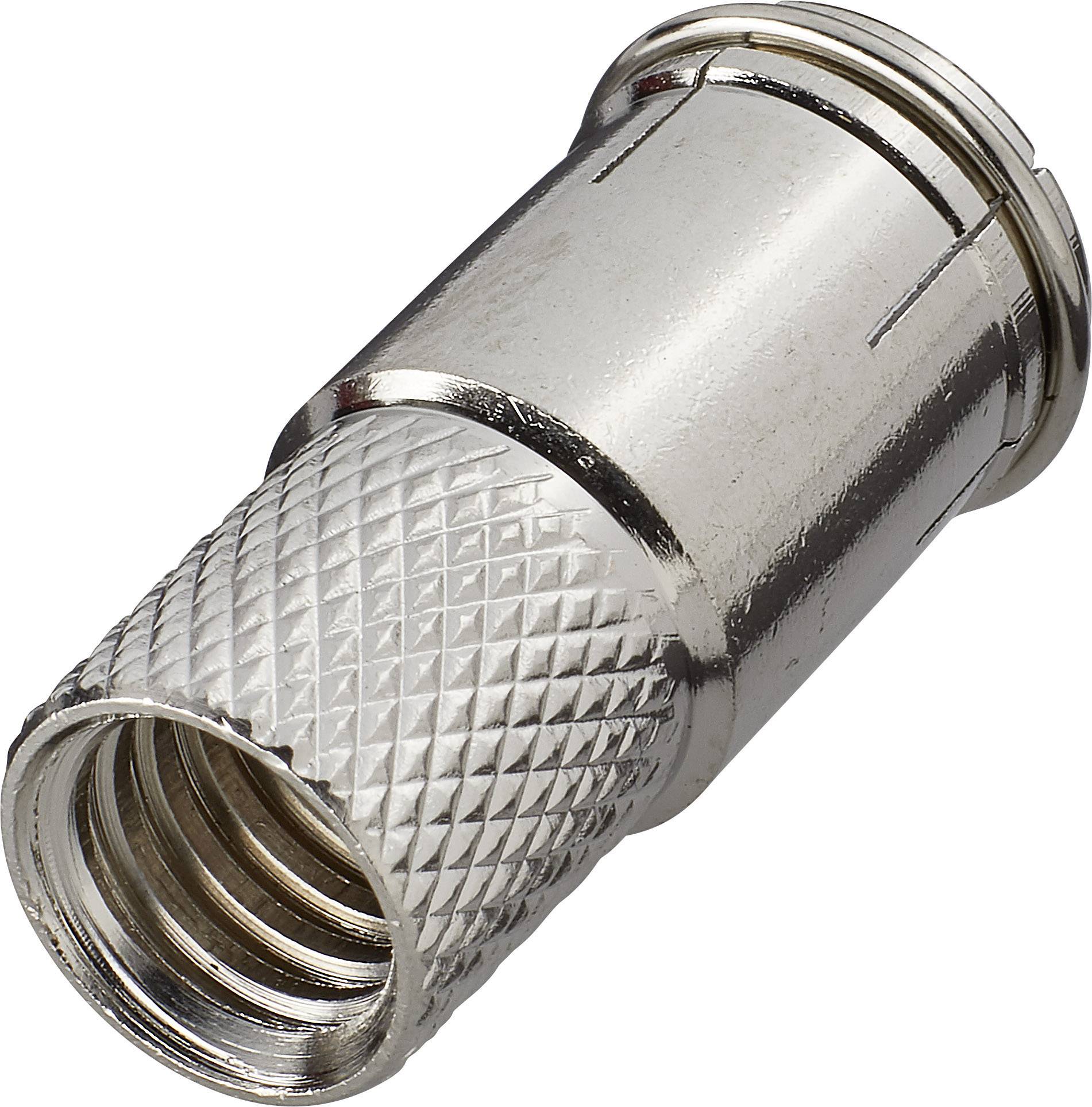 Przedstawiono adapter złącza współosiowego wykonanego z metalu z żłobionym uchwytem, ukazany w lekko pochylonej, wznoszącej się perspektywie.