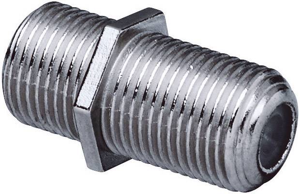 Adapter wtykowy koaksjalny, srebrny, o cylindrycznym kształcie, z gwintem na obu końcach. Odpowiedni do połączeń kablowych w elektronice.