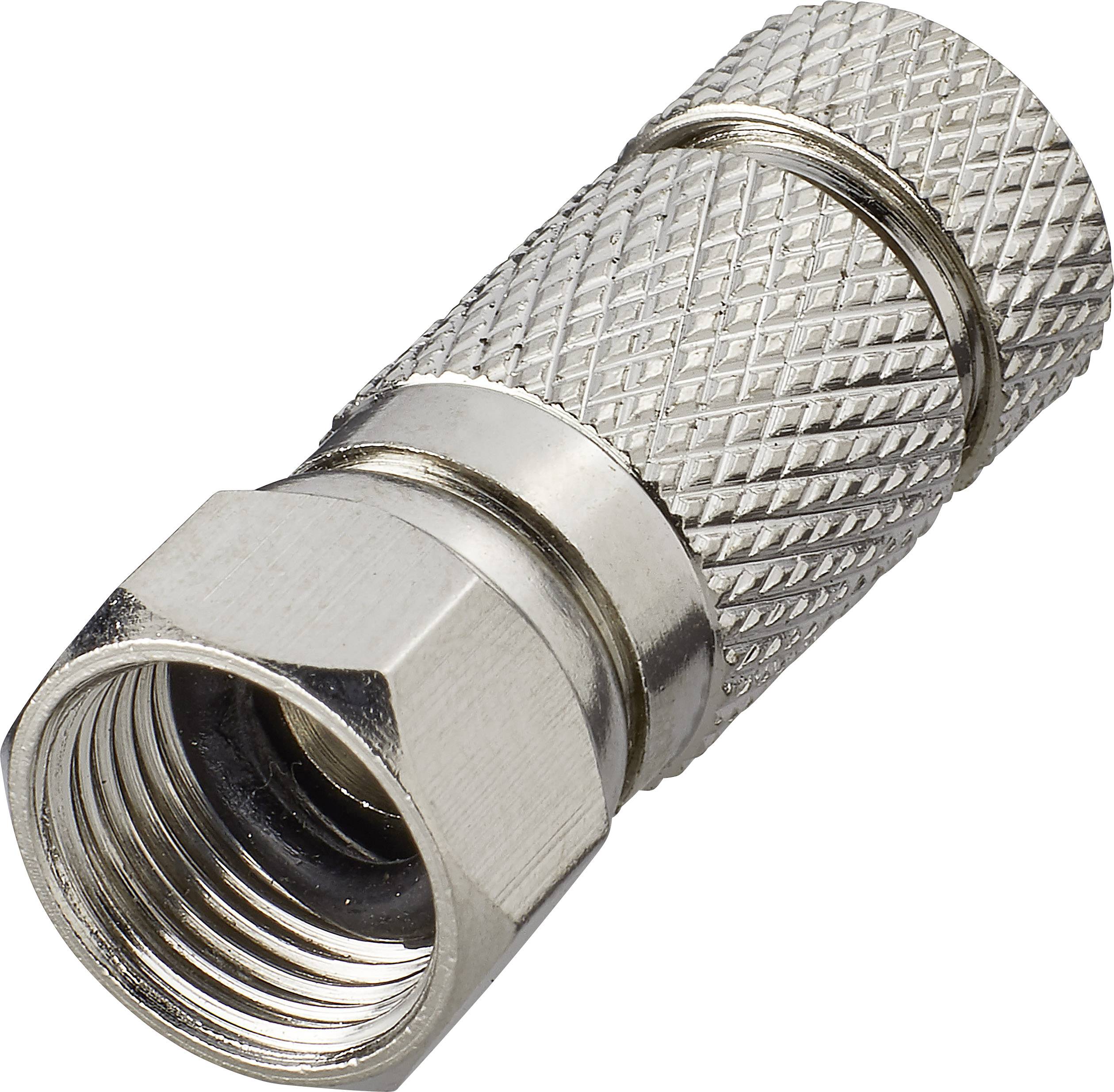 Metalowy wtyk współosiowy z żebrowaną powierzchnią i gwintem gwintowym, często stosowany do łączenia złączy kablowych.