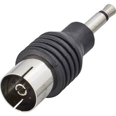 Czarny adapter z wtykiem koncentrycznym po jednej stronie i wtykiem jack 3,5 mm po drugiej stronie.