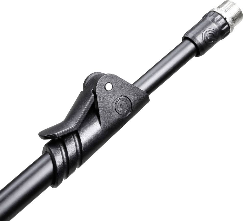 Czarny element metalowy stanowiący połączenie, prawdopodobnie część narzędzia lub urządzenia. Posiada mechanizm dźwigniowy.