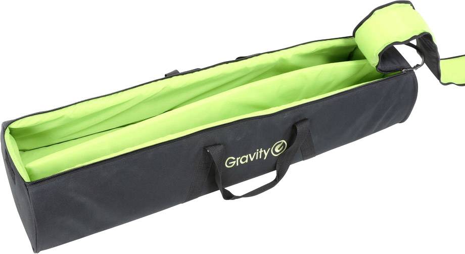 Czarna torba transportowa z zieloną podszewką i logo 'Gravity', odpowiednia do przewożenia akcesoriów statywowych lub mikrofonowych.