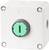 Białe obudowa z zielonym przyciskiem pośrodku, otoczona czterema śrubami w narożnikach.