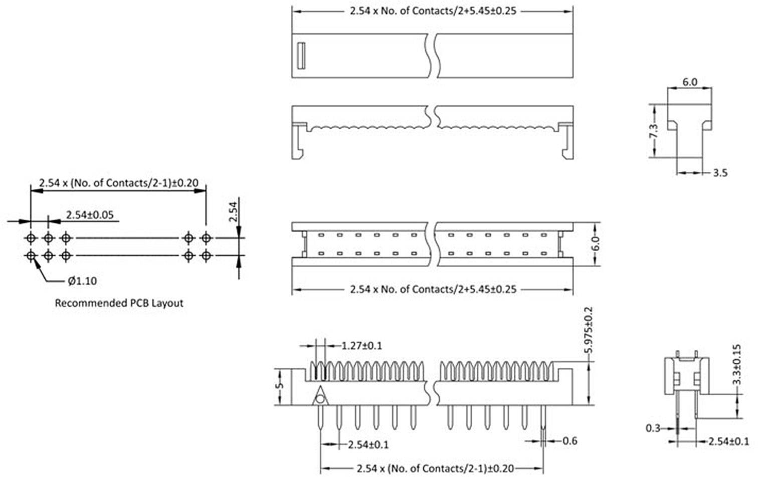 Schemat elektryczny złącza z szczegółowymi wymiarami w mm. Przedstawia widoki z przodu, z góry i z boku oraz zalecany układ płytki drukowanej (PCB).