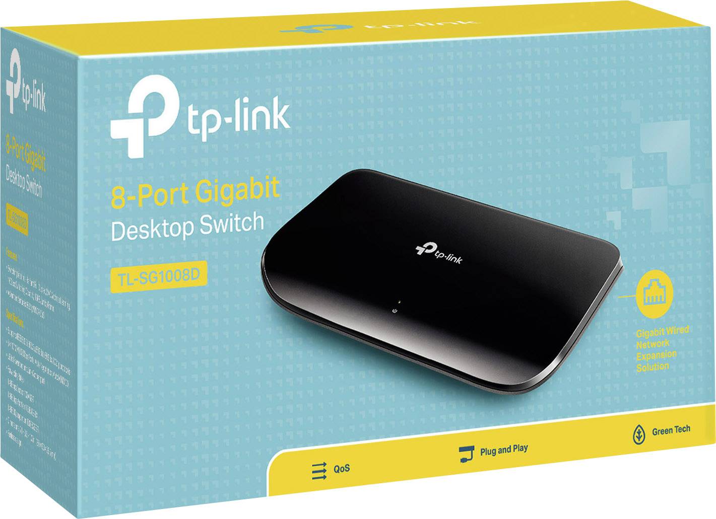 Opakowanie dla przełącznika TP-Link 8-Portowy Gigabit Desktop Switch. Jest żółto-niebieskie z nazwą produktu i jego cechami.