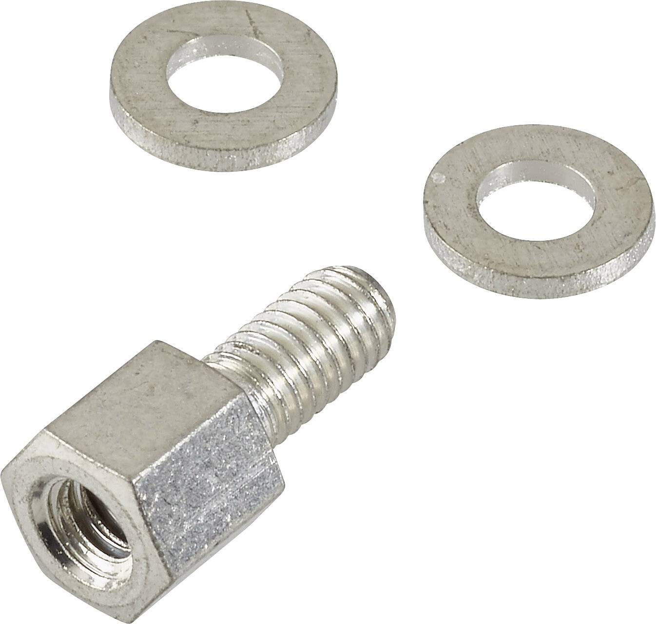 Metalowa śruba z dwiema podkładkami, prezentowana na białym tle. Śruba posiada sześciokątną główkę.