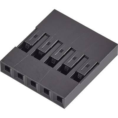 Czarny wtyk plastikowy z pięcioma równolegle umieszczonymi gniazdami, używany do łączenia elementów elektrycznych.