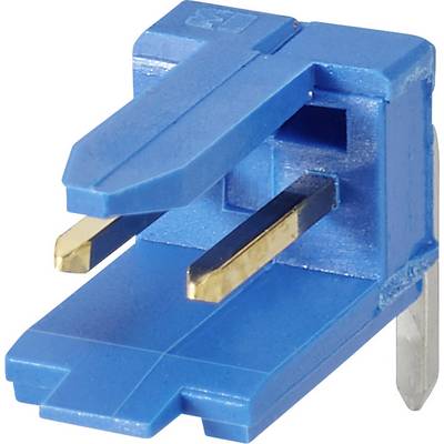Niebieski wtyk plastikowy z dwoma metalowymi pinami, używany do połączeń elektronicznych.
