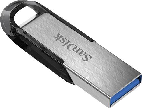 Metalowy pendrive z czarnym uchwytem i niebieskim interfejsem. Nazwa marki 'SanDisk' na metalowej powierzchni.