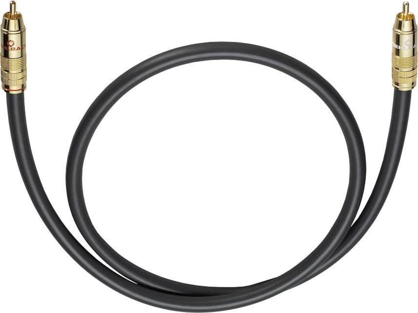 Czarny kabel audio z dwoma złotymi wtyczkami RCA, używany do podłączania urządzeń audio.