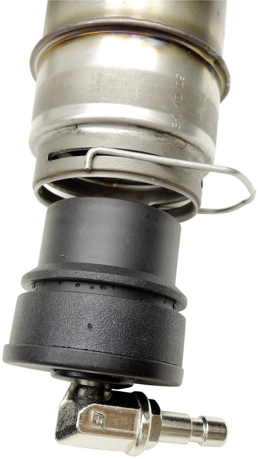 Metalowy cylinder z czarnym złączem i metalową armaturą przy dolnej krawędzi.