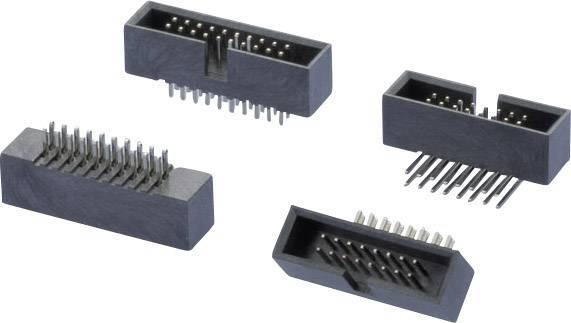 Cztery czarne, prostokątne złącza z metalowymi stykami, ułożone pod różnymi kątami, na białym tle.