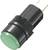 Zielony, okrągły przycisk naciskowy na czarnej obudowie z tworzywa sztucznego z dwoma metalowymi stykami; odpowiedni do zastosowań elektronicznych.