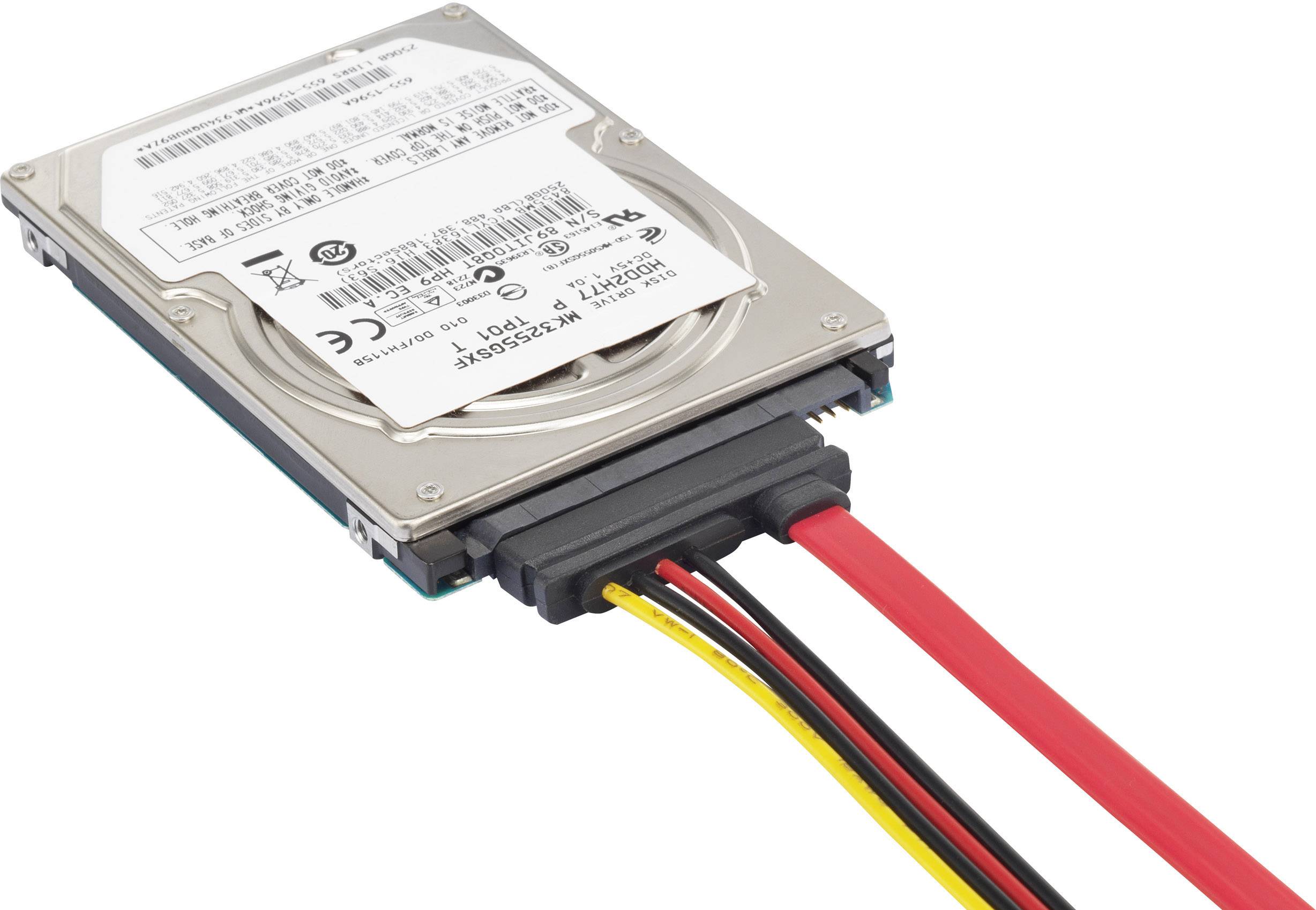 Wewnętrzny dysk twardy z podłączonymi kablami zasilającymi i transmisji danych.