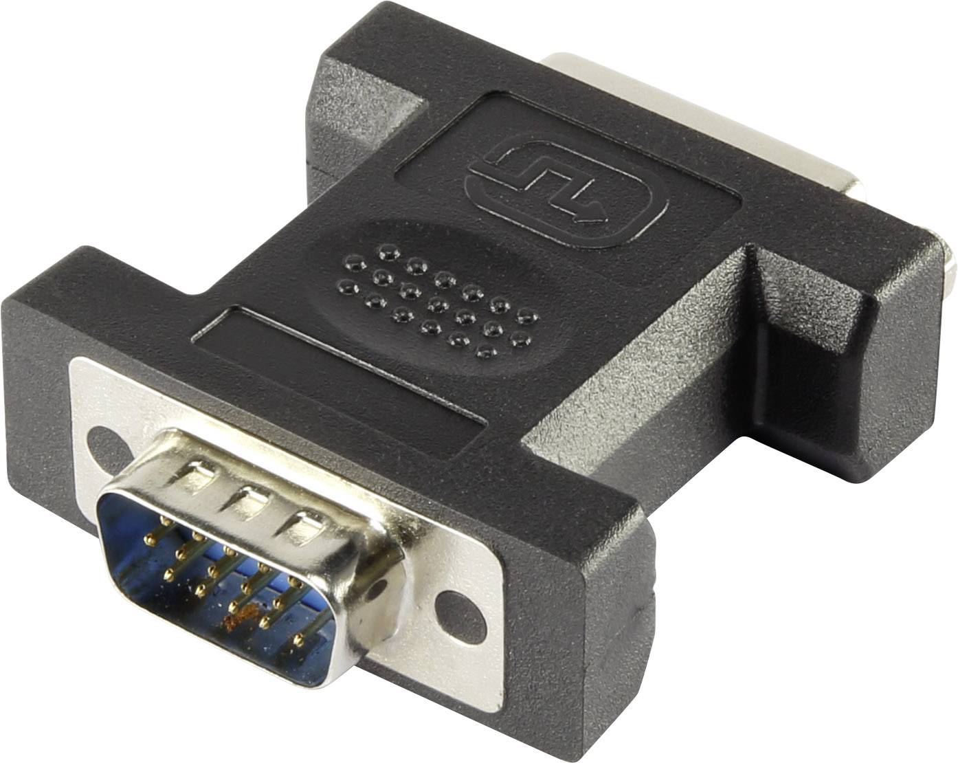 Adapter VGA na DVI. Urządzenie posiada niebieską wtyczkę VGA i port DVI z tyłu. Służy do podłączania komputerów.