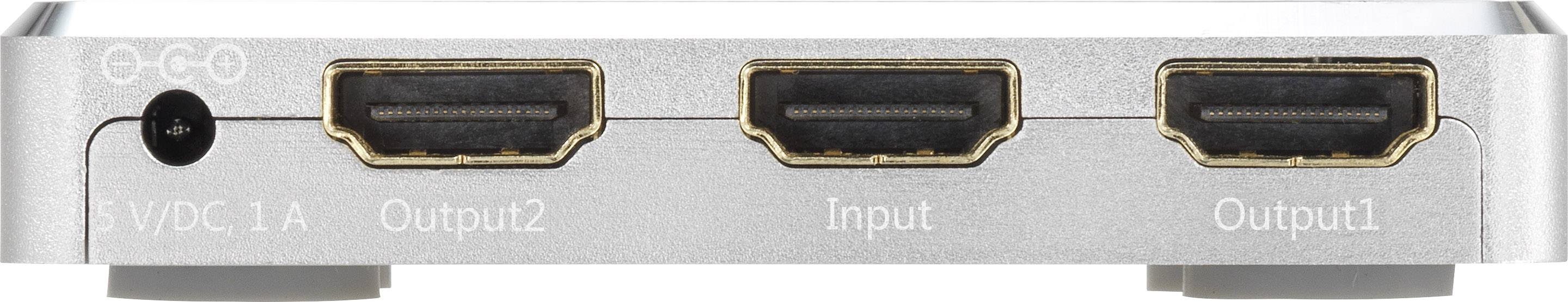 'Tylna strona rozdzielacza HDMI z trzema gniazdami HDMI: dwa wyjścia (Wyjście1 i Wyjście2) oraz jedno wejście (Wejście), plus złącze zasilania.'