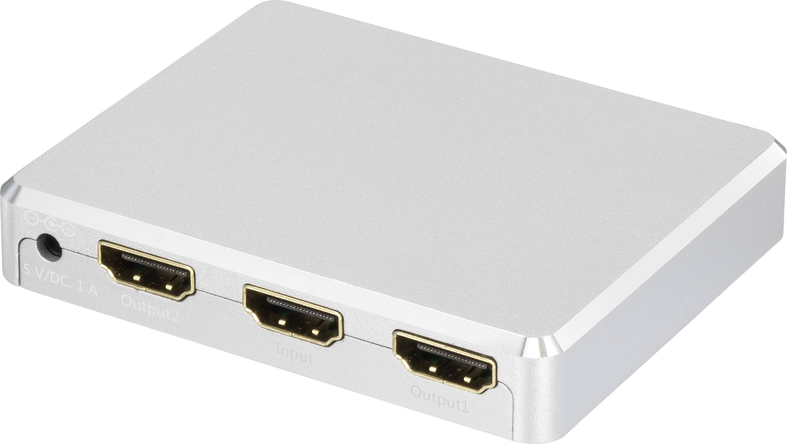 Srebrny rozdzielacz HDMI z dwoma wyjściami i jednym wejściem, przeznaczony do dystrybucji sygnału HDMI na kilka urządzeń.