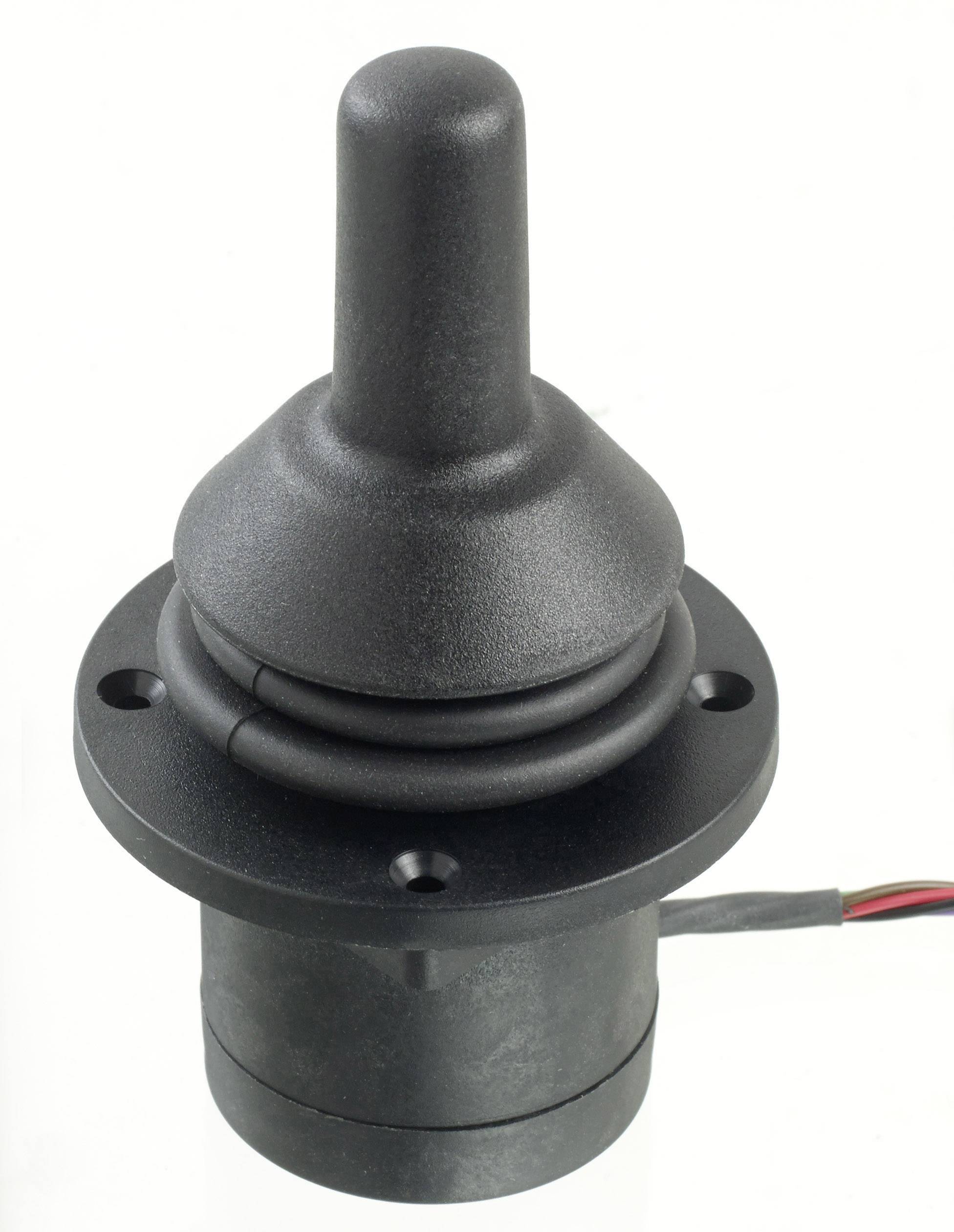 Czarny joystick z okrągłą podstawą i przewodem, przeznaczony do zastosowań w sterowaniu mechanicznym lub elektronicznym.
